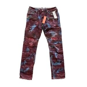 New Rock Revival Moto Elroy Distressed RIP LIKE Jeans Red Blue Men’s Size 40x32